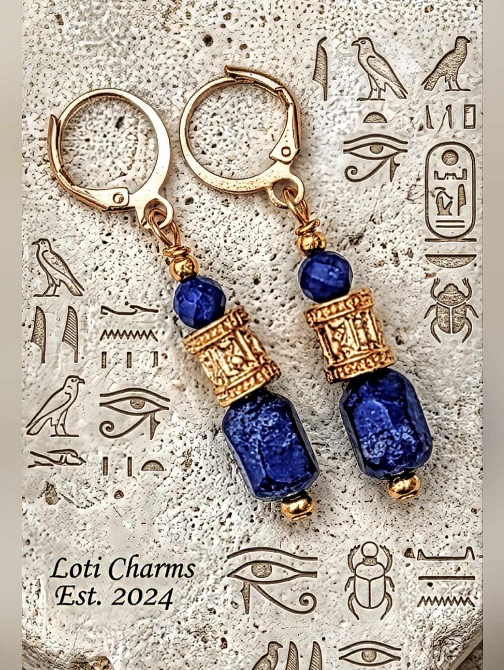 Egyptian Style Lapis Lazuli With Column In Gold Plated Earrings